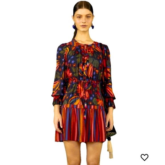 FARM Rio Dresses & Skirts - Farm Rio Black Banana Sky Mini Dress Sz S Puff Sleeve Tiered Flowy Beaded Beach